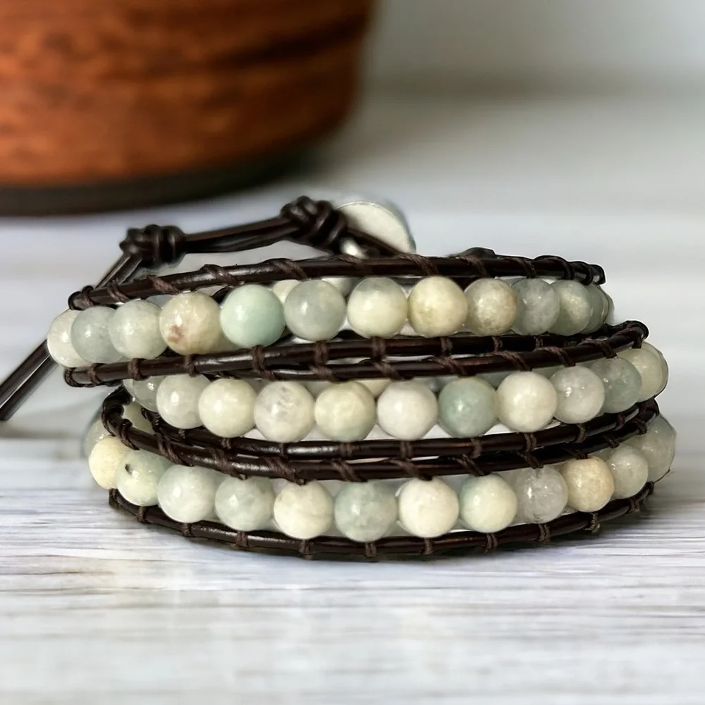 Amazonite Beaded Leather Wrap Bracelet